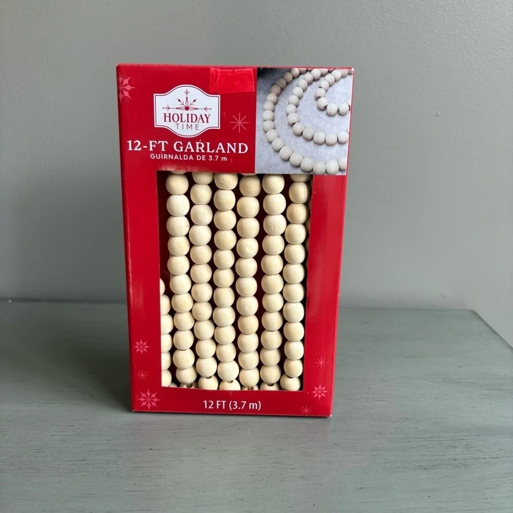Holiday Time Natural Wood Bead Garland 12 Foot 3.7 M NEW